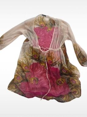 Sheer Floral Peacock Print Kimono Cover-Up - Pink